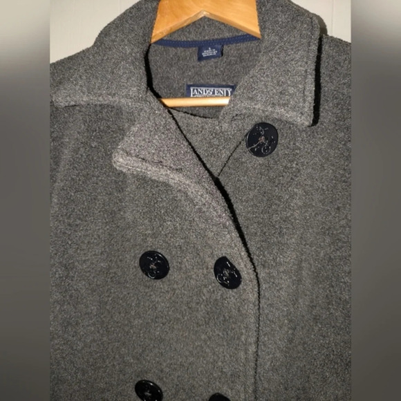 Lands’ End Polartec Fleece Peacoat Jacket Large Gray Double Breasted - Picture 2 of 8